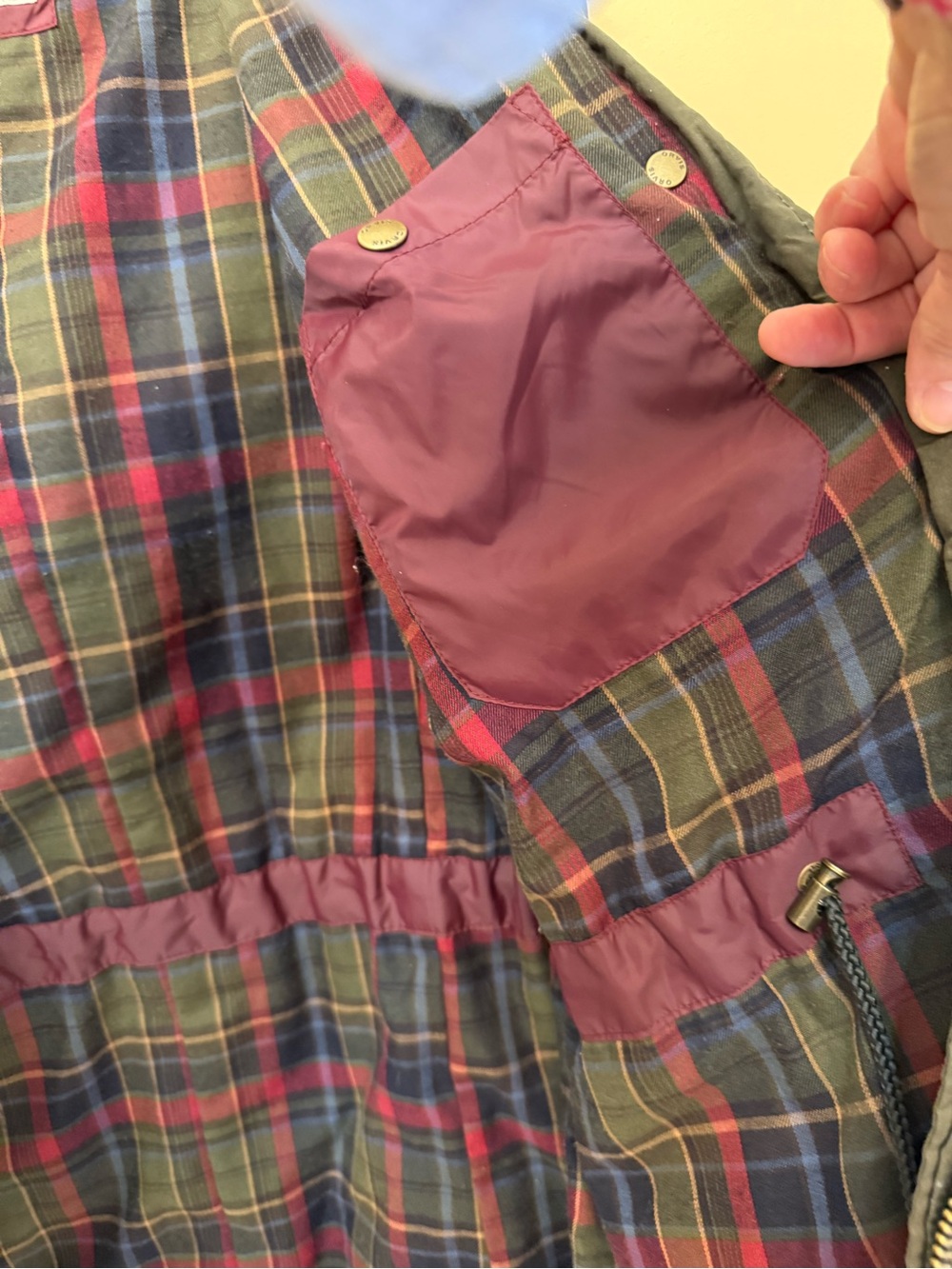 Orvis Plaid Flannel-Lined Jacket in Olive and Red Tones leather collar hood - Picture 7 of 11